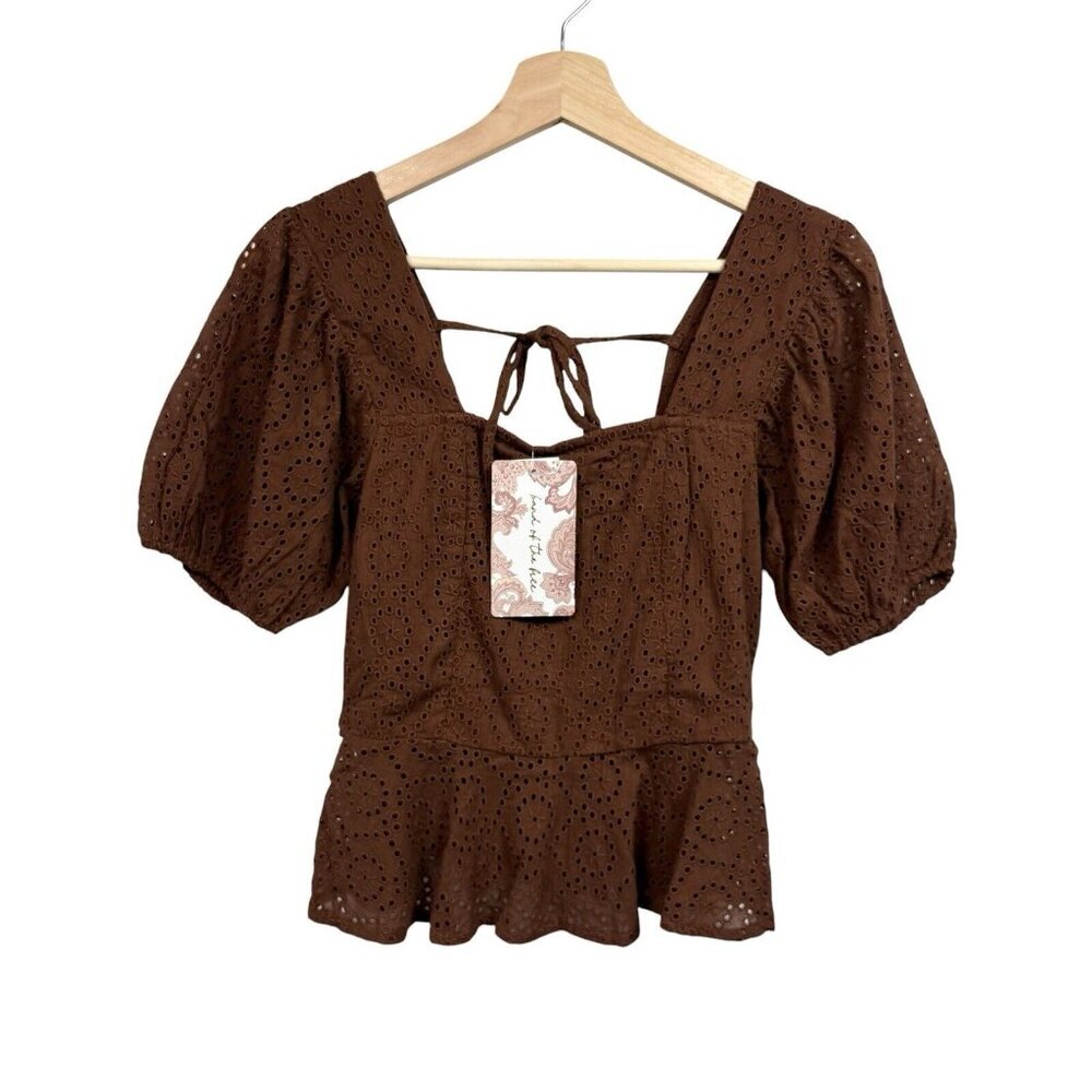 Band Of The Free Women's Smocked Peplum Crop Top Size XS Brown Eyelets Tie NWT